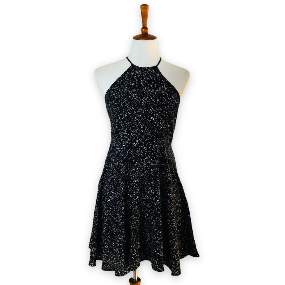 🍀 Paper Crane Women's Black White Polka Dot Halter Neck Fit & Flare Dress Size M